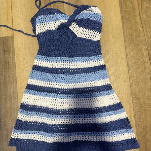 Blue and White Crochet Mini Dress - Image 2