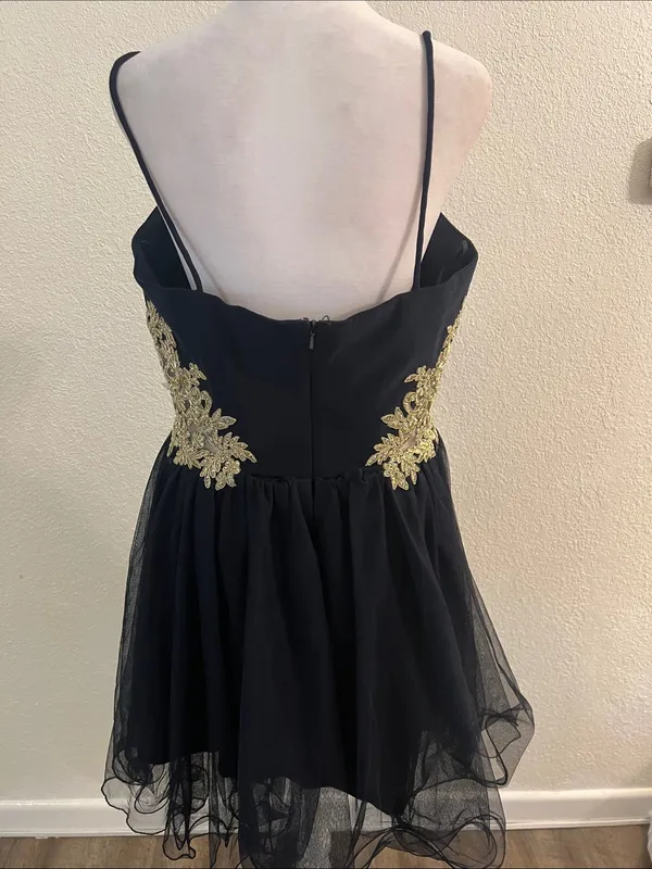 Dark Blue Spaghetti Strap Mini Dress with Gold Appliqué - Image 4