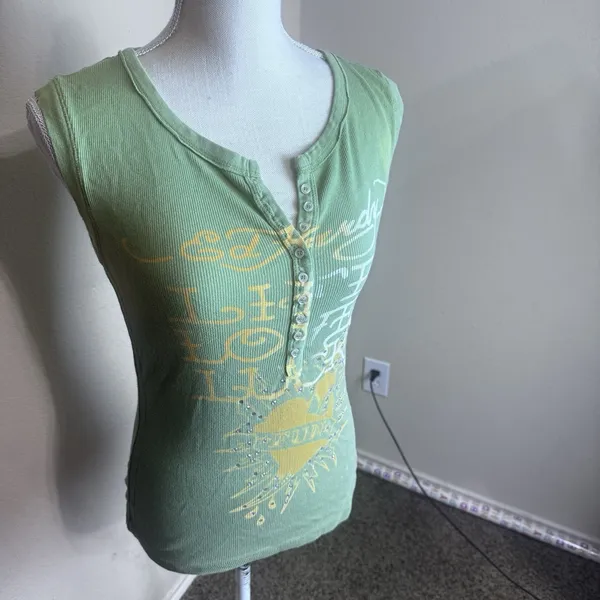 Ed Hardy Tank Top Size L Green Skull Heart Rhinestone Y2K Tattoo Krazy Love - Image 2