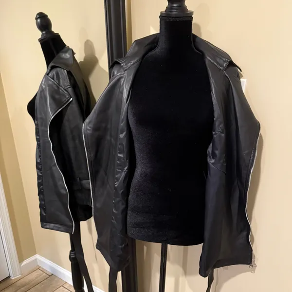 Faux Leather Jacket Pu Leather Coat Trench Parka Fall Coat Motorcycle Jacket Black Size XS - Image 8