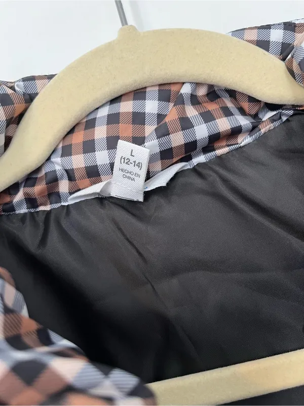 Time and Tru Brown White Black Check Plaid Cropped Puffer Jacket large - Image 3