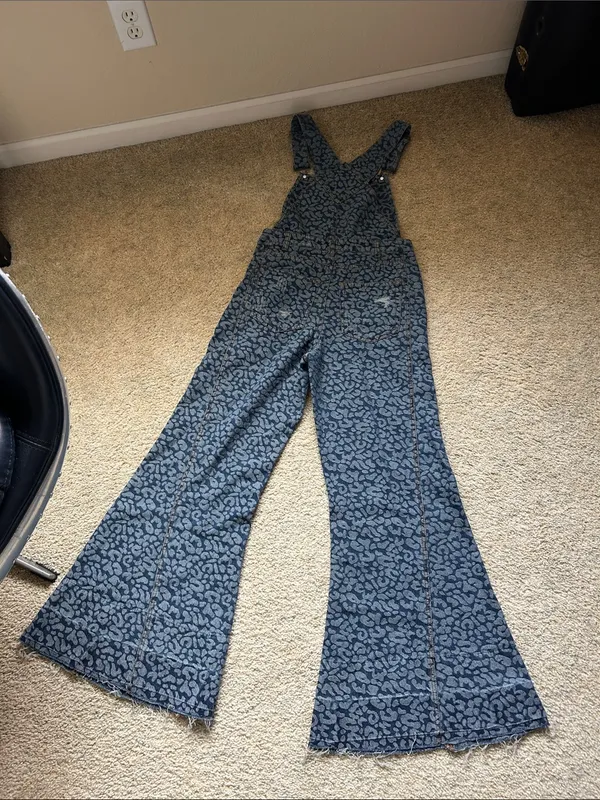 Aaron & Amber denim blue animal print wide bell leg boho overalls S - Image 11