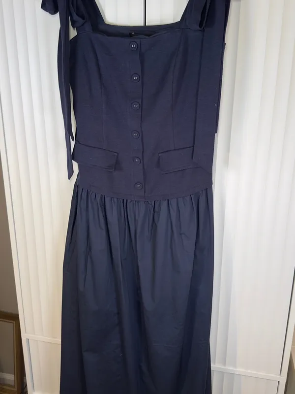 NWT English Factory Silk Blend Square Neck Navy Tie-Shoulder Maxi Dress SMALL - Image 4