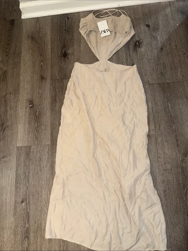 Zara Sand-Beige Cutout Midi Dress with Side Slit - Image 7