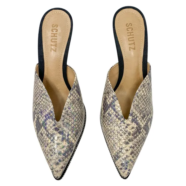 Schutz Heliconia Iridescent Snake Embossed Leather Crystal Trim Mule Heels 7.5 - Image 2
