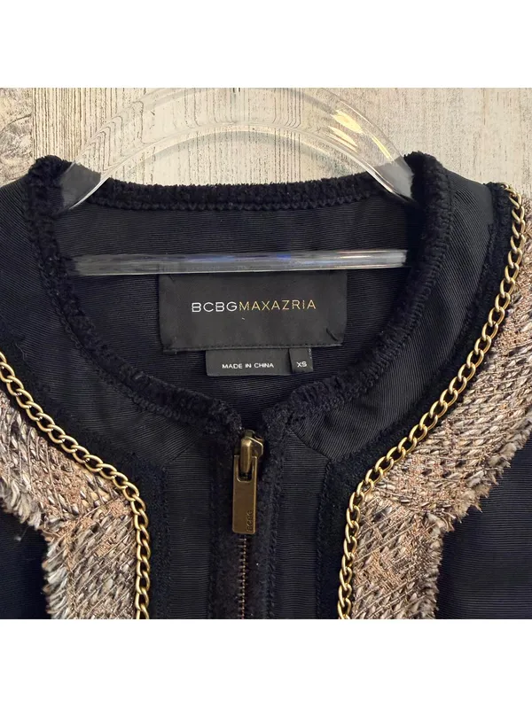 BCBG Max Azria Women’s XS Tweed Trim Jacket Top Black Gold Chain Zip - Image 5