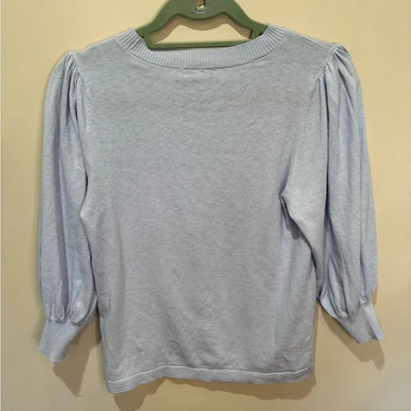 LILLA P rib trim puff sleeve‎ sweater in light blue sz XS - Image 2