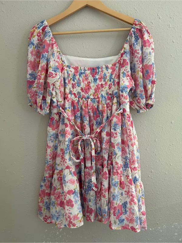 Altar'd State Pink Blue Floral Square-Neck Puff Sleeve Mini Dress High Tea XL - Image 8