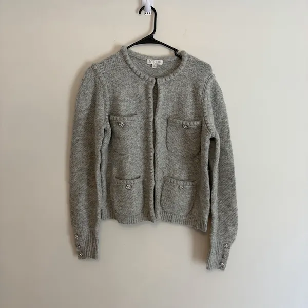 J. Crew Gray Boucle Sweater Cardigan Jewel Buttons XS Merino Wool Blend Pockets - Image 2