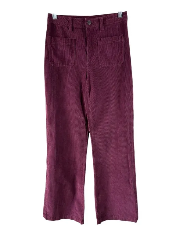 Faherty Womens 26 Burgundy Corduroy Wide Leg Pants High Rise Patch Pocket - Image 2