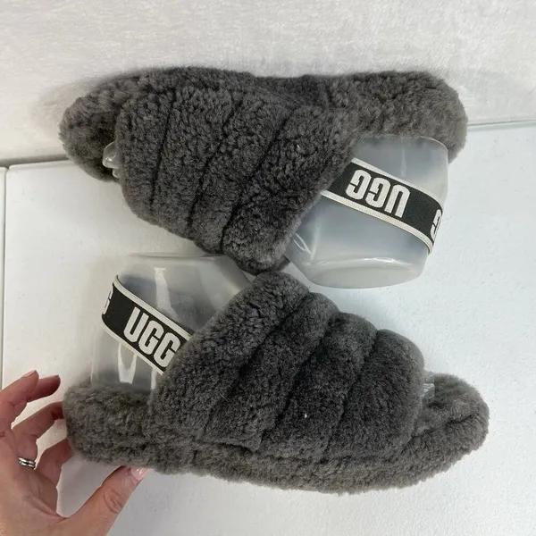 Ugg Sz 7 Oh Yeah Fluffy Double Strap Flat Slippers‎ Slides Sandals in Grey - Image 3