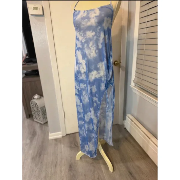 Blue Cloud Print Halter Swim Cover Up Maxi Dress Beach Resort Side Slit - Image 5