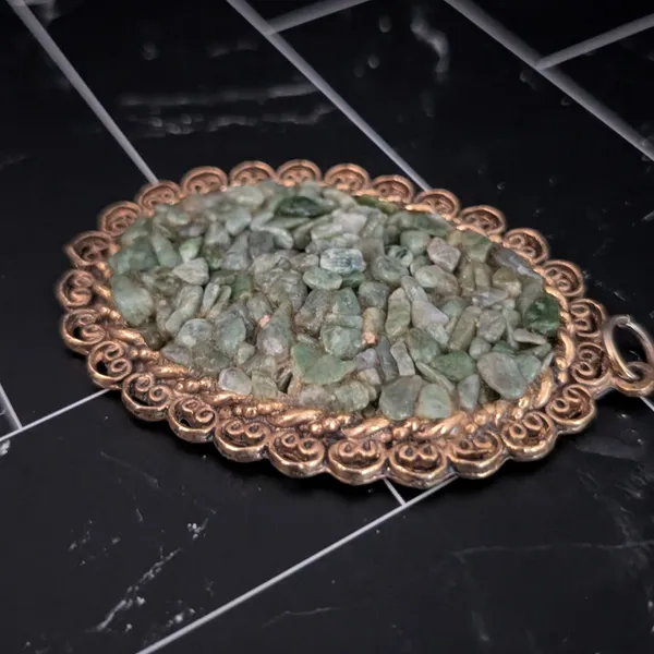 Vintage Pendant Very Large Statement Green & Antique Gold Tone Oval - Image 3