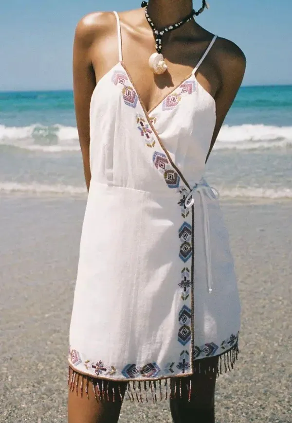 Zara dress mini summer boho embroidered fringe cotton tribal Aztec wrap - Image 8