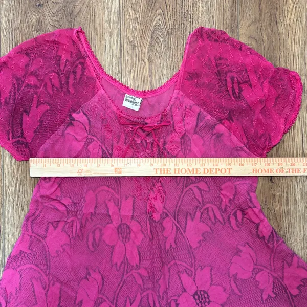 VTG y2k‎ Pink Floral Tunic Top Sheer Lace Up Boho Womens L beach cover up fairy - Image 5