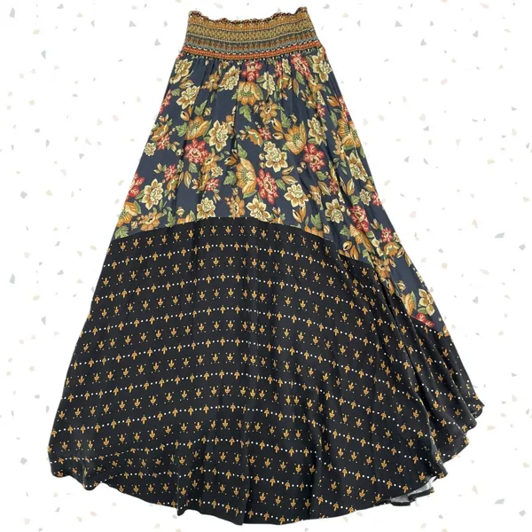 Farm Rio Boho Floral Maxi Skirt Black Tan Blue Mixed Flower Print Cottage Size S - Image 2