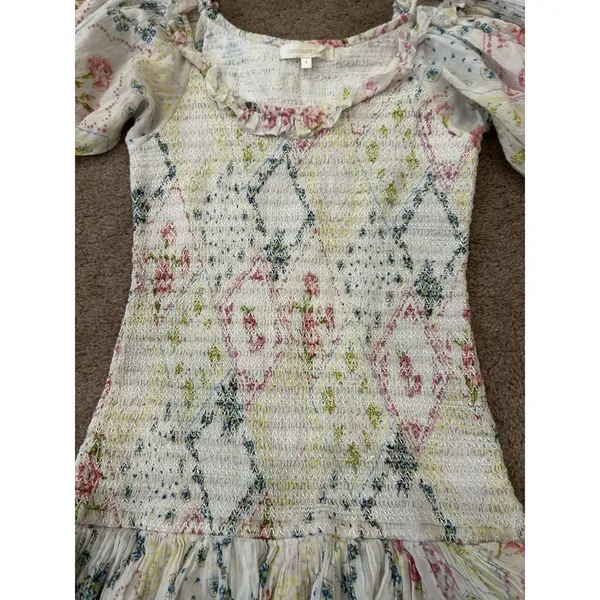 Loveshackfancy RARE Cottagecore Ruffled White Violet Mini Dress in Magic Light - Image 3