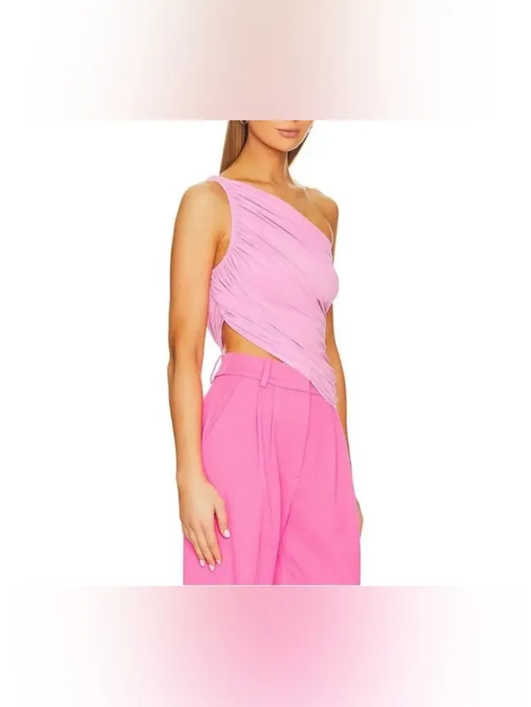 Norma Kamali Diana One Shoulder Draped Ruched Tank Crop Top Pink Size Large - Image 3