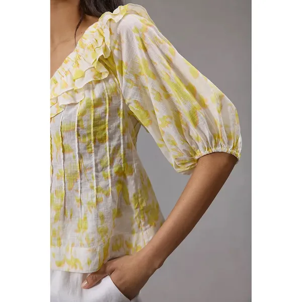Maeve‎ Anthropologie Yellow Off-The Shoulder Ruffled Swing Puff Blouse Large - Image 3