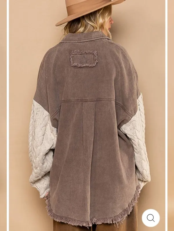 POL Cable Knit Sleeve Shacket Chocolate & Cream Small - Image 4