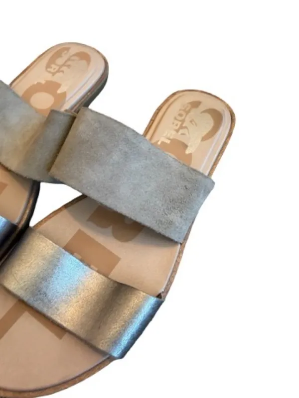 Sorel Gray Gold Two Strap Slide Sandals Suede Metallic Minimalist Size 6 Women's - Image 4