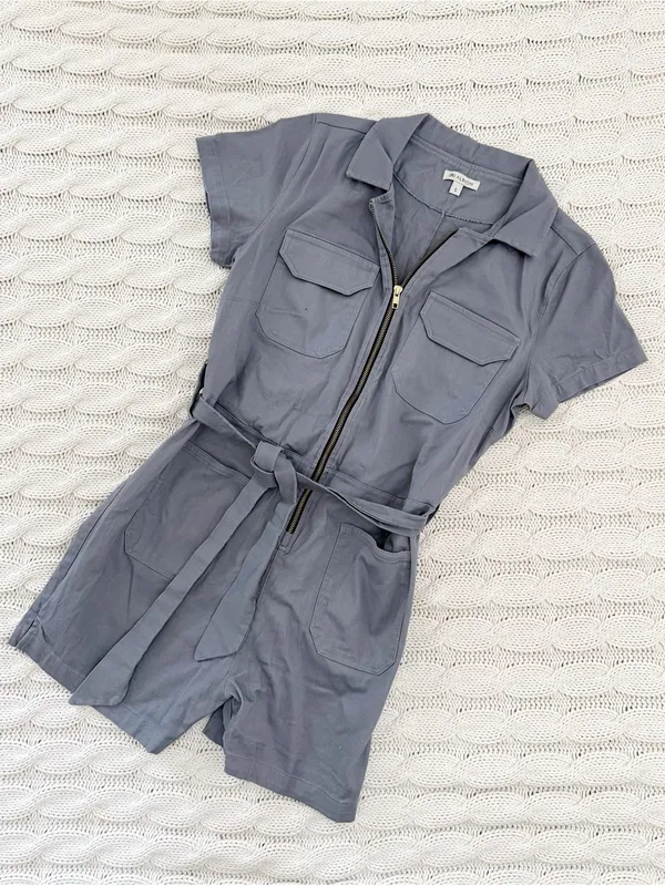 Albion Short Sleeve Zip-Front Romper in Slate - Image 2