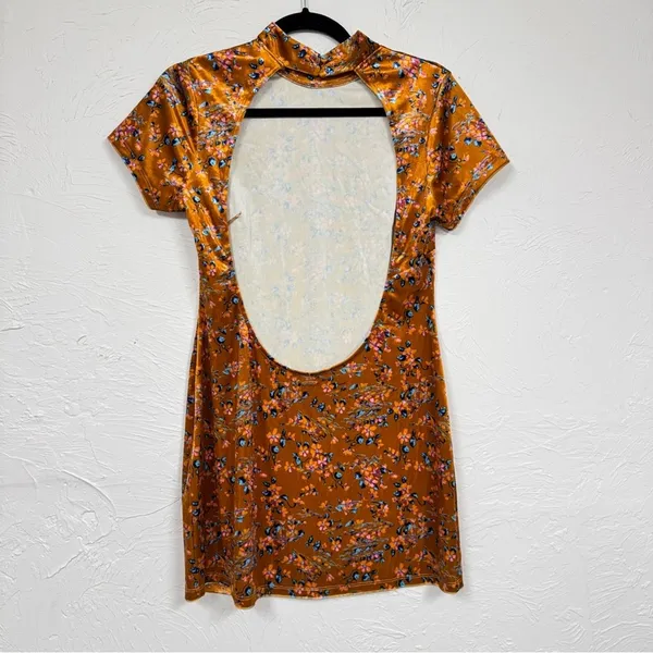 Savage Fenty Orange Velvet Floral Mini Dress Womens 10 Short Sleeve High Neck - Image 3