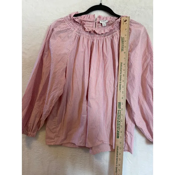 J.Crew Pink White Striped Smocked Ruffle Neck Blouse Women Large Balloon Sleeve - Image 2