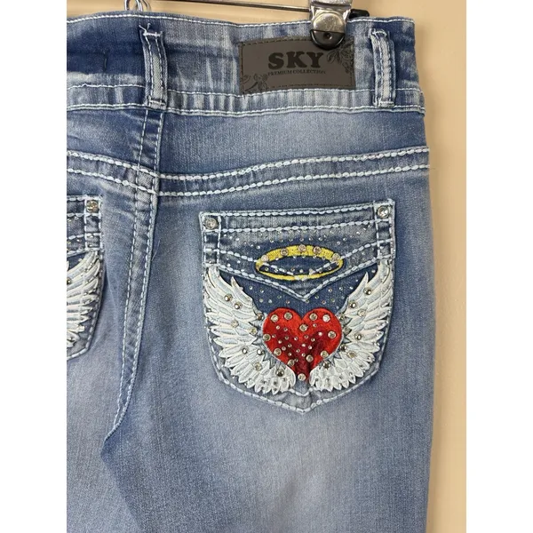 NWT SKY Flare Jeans Women Size 13 Super Soft Angel Wings Red Heart Rhinestone - Image 5