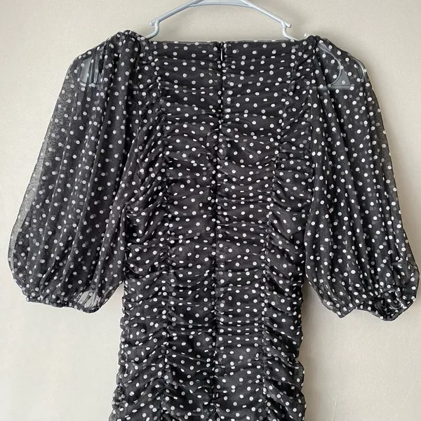 ZARA Polka Dot Ruched Mini Dress M Black‎ - Image 10