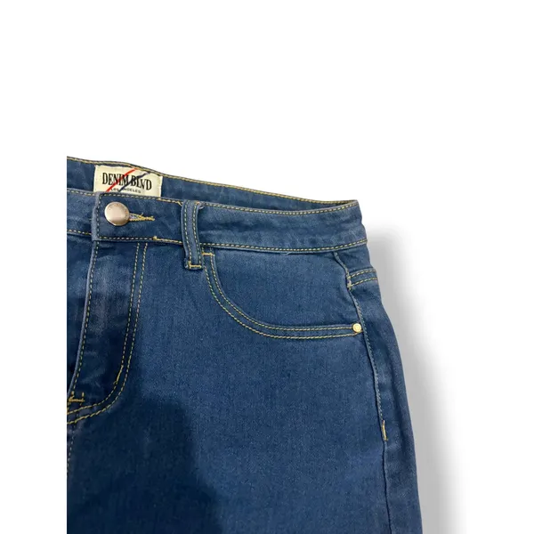 Denim BLVD Dark Wash Stretch Denim Mini Skirt Frayed Hem Y2K Size Large - Image 4