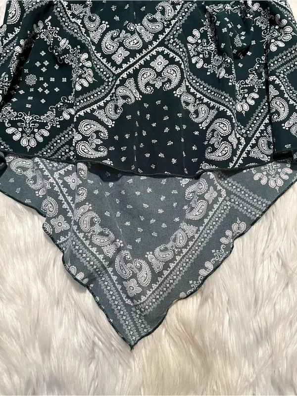 Women's Paisley Print Tube Top Handkerchief Dark Green White Stretch Elastic - Image 7