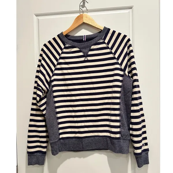Champion Heritage French Terry Crew Striped Sweatshirt Navy Cream Small Nautical - Image 2