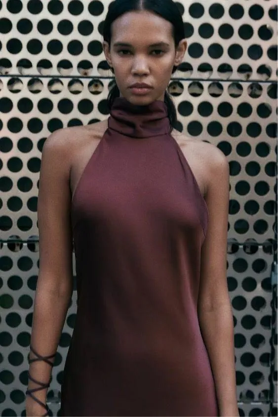 Zara maxi halter scarf satin Elegant Burgundy Brown Evening Wedding Dress - Image 11