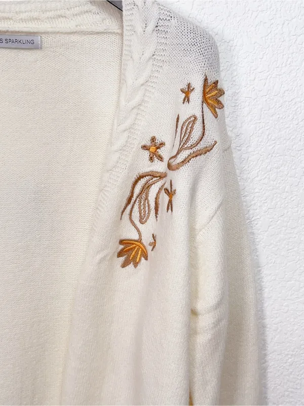 Miss Sparkling Ivory Floral Embroidered Open Front Knit Cardigan Sweater - Image 3