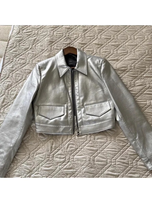Mango silver cropped faux leather jacket - Image 5