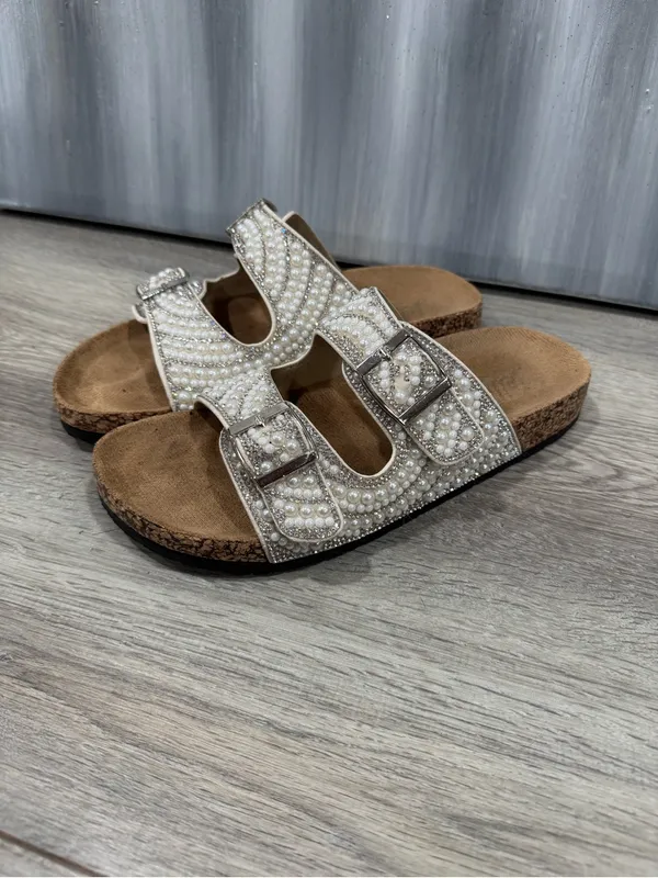 Jellypop Beaded Pearl Dual-Buckle Slide Sandals - White - Image 2