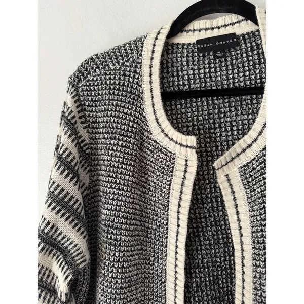 Susan Graver Textured Black Cream Open Front Cardigan Sweater Size XL - Image 3