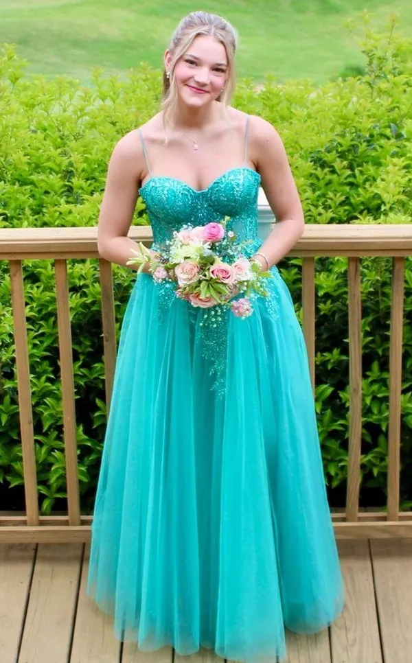 Flowy princess bustier blue green aqua prom dress - Image 3
