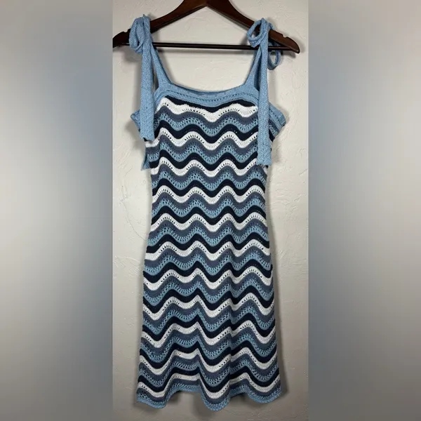 FCT With Love *FLAWED*‎ Crochet Blue and White Wave Mini Dress Size Large - Image 2