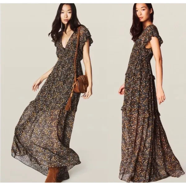 ba&sh Samantha Ruffled Leaf Print‎ Maxi Dress Black Gold Flutter Sleeve Small - Image 2