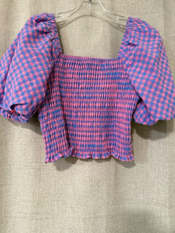 Endless Rose Gingham Smocked Puff Sleeve Crop Top | S - Image 4
