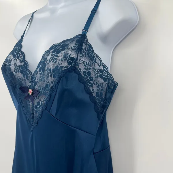 Vtg Val Mode Y2K Slip Dress Sz 32 Coquette Lace Midi Bow 90 Sheer USA Satin Blue - Image 5