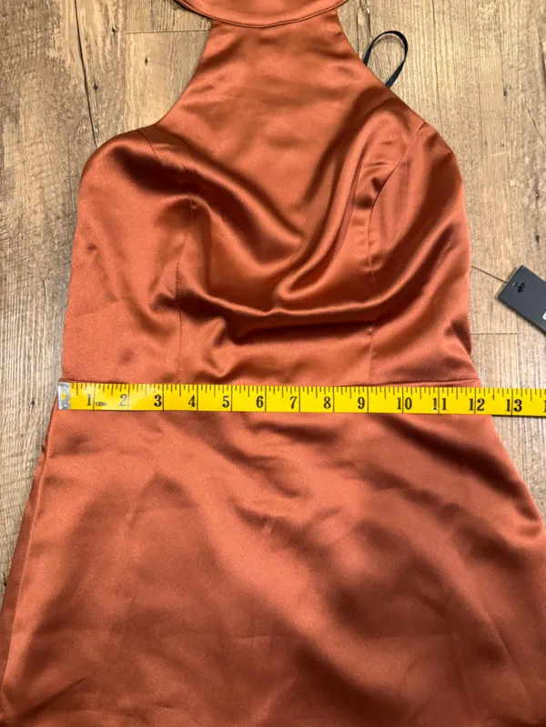 Lulu’s Celebrate Me Rust Brown Satin Halter Mini Dress XS - Image 3