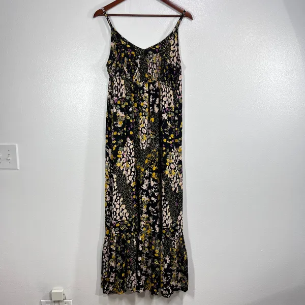 Tribal Jeans Floral Maxi Dress M Boho Black‎ Yellow Pink Summer Sundress Rayon - Image 3