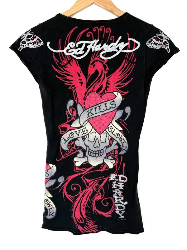 VINTAGE Y2K Ed Hardy AOP Embellished Love Kills Slowly Skull Butterfly Tee - Image 5