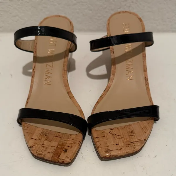 Stuart Weitzman Aleena Wedge Slide Sandal Size 6 Black Patent Cork Wedges - Image 2