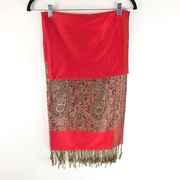 Pashmina Scarf Wrap Rectangle Paisley Fringe Boho Red Gold 68x27 - Image 2