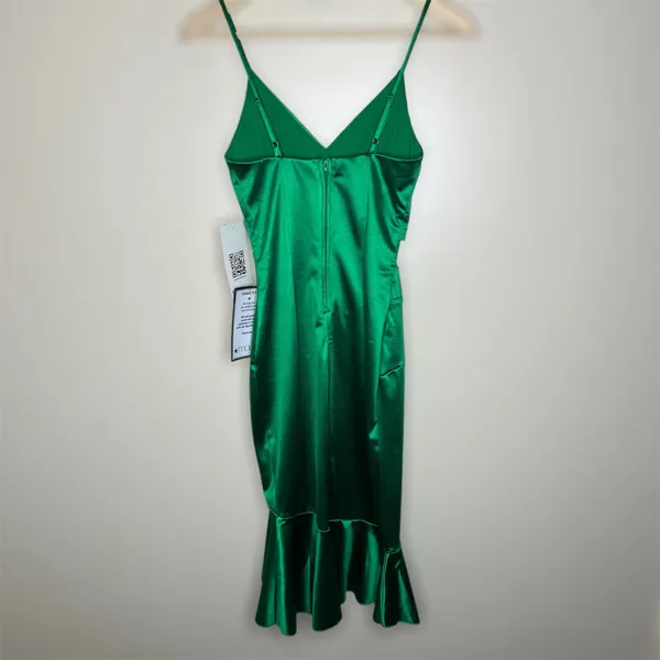 Emerald Sundae Cocktail Dress XS Green Satin Ruffle Flounce Holiday Party V-Neck - Image 3