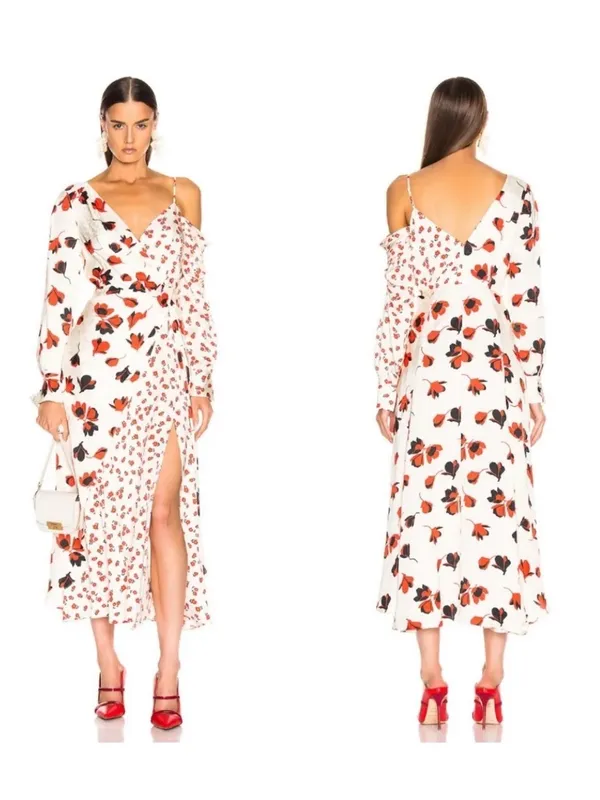 o.p.t Floral One Shoulder Wrap Midi Maxi Dress Red White Romantic Wedding Guest - Image 2